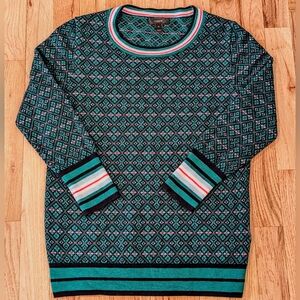 J. Crew Teal & Black Geometric Crewneck Sweater with Stripe Trim